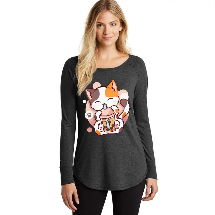 Cat Boba Tea Bubble Tea Anime Kawaii Neko Women's Perfect Tri Tunic Long Sleeve Shirt