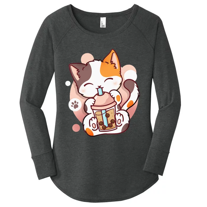 Cat Boba Tea Bubble Tea Anime Kawaii Neko Women's Perfect Tri Tunic Long Sleeve Shirt