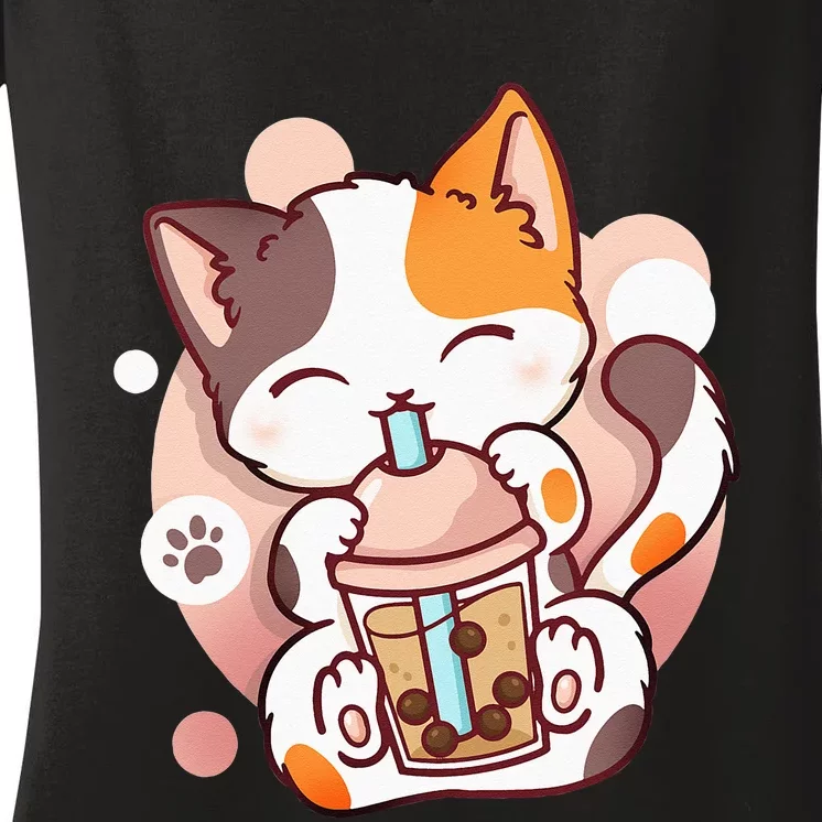 Cat Boba Tea Bubble Tea Anime Kawaii Neko Women's V-Neck T-Shirt