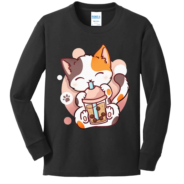 Cat Boba Tea Bubble Tea Anime Kawaii Neko Kids Long Sleeve Shirt