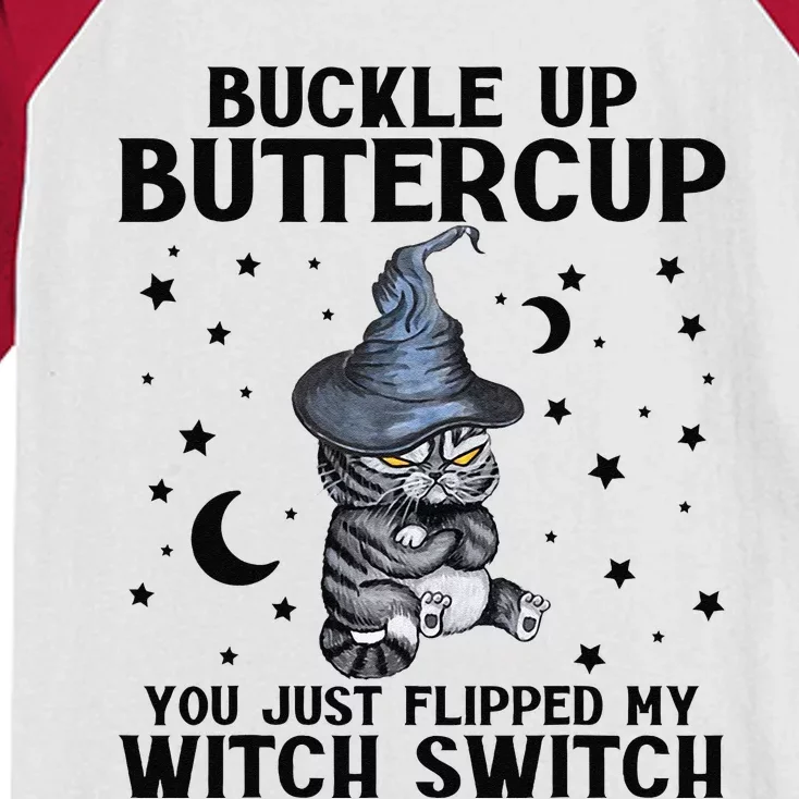 Cat Buckle Up Buttercup You Just Flipped My Witch Switch Kids Colorblock Raglan Jersey