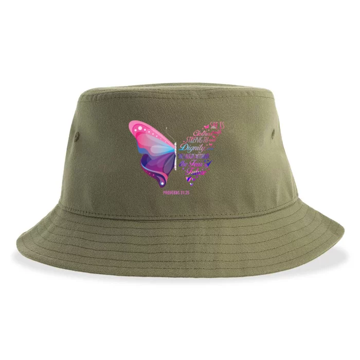 Christian Bible Verse Proverbs 31:25 Butterfly Gift Sustainable Bucket Hat