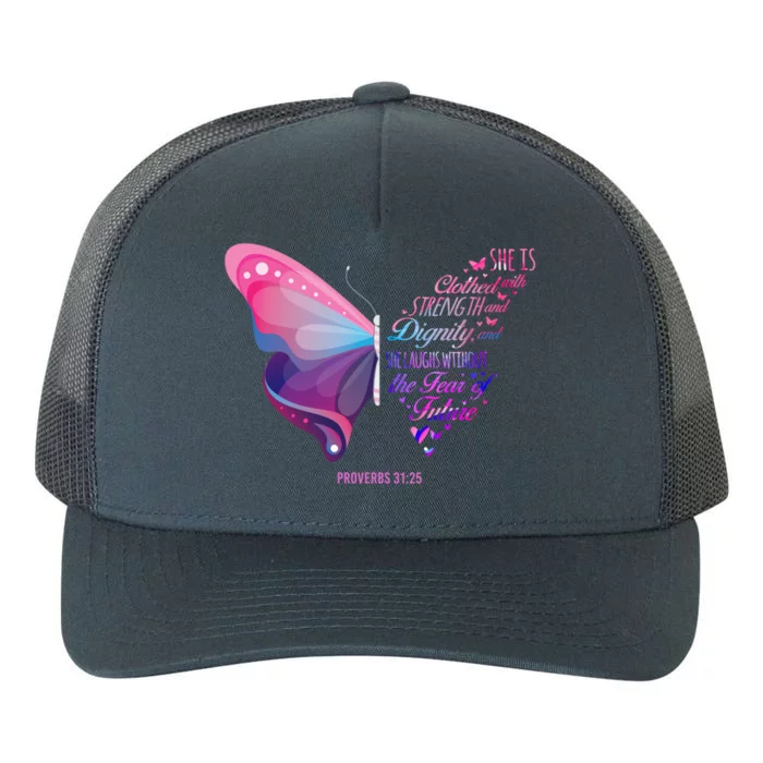 Christian Bible Verse Proverbs 31:25 Butterfly Gift Yupoong Adult 5-Panel Trucker Hat