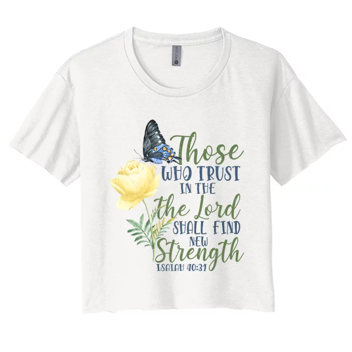 Christian Bible Verse Butterfly Rose Flower Isaiah 40:31 Women's Crop Top Tee