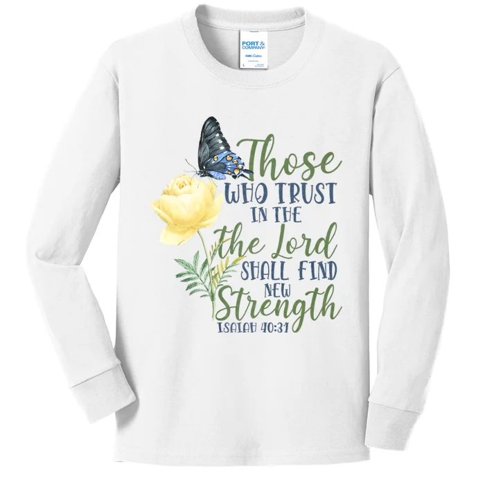 Christian Bible Verse Butterfly Rose Flower Isaiah 40:31 Kids Long Sleeve Shirt