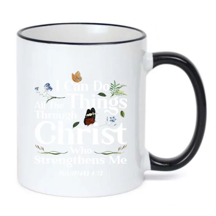 Christian Bible Verse Philippians 4:13 Flower Butterfly Cute Gift Black Color Changing Mug