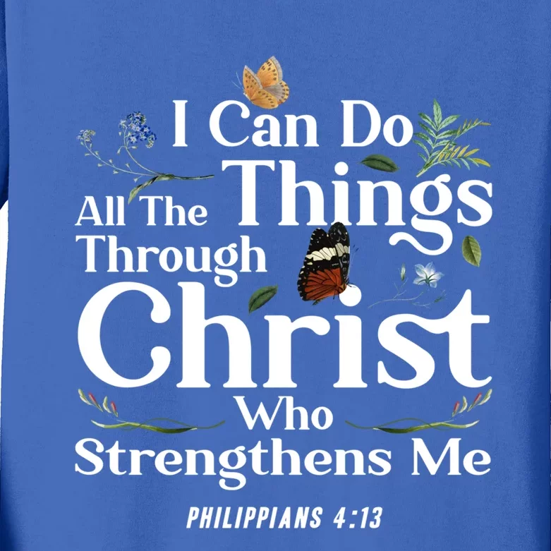 Christian Bible Verse Philippians 4:13 Flower Butterfly Cute Gift Kids Long Sleeve Shirt