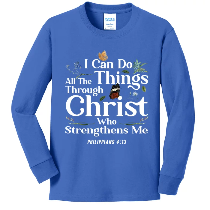 Christian Bible Verse Philippians 4:13 Flower Butterfly Cute Gift Kids Long Sleeve Shirt