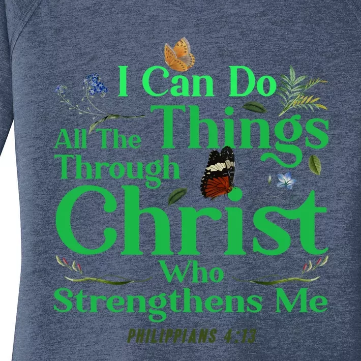 Christian Bible Verse Philippians 4:13 Flower Butterfly Meaningful Gift Women's Perfect Tri Tunic Long Sleeve Shirt