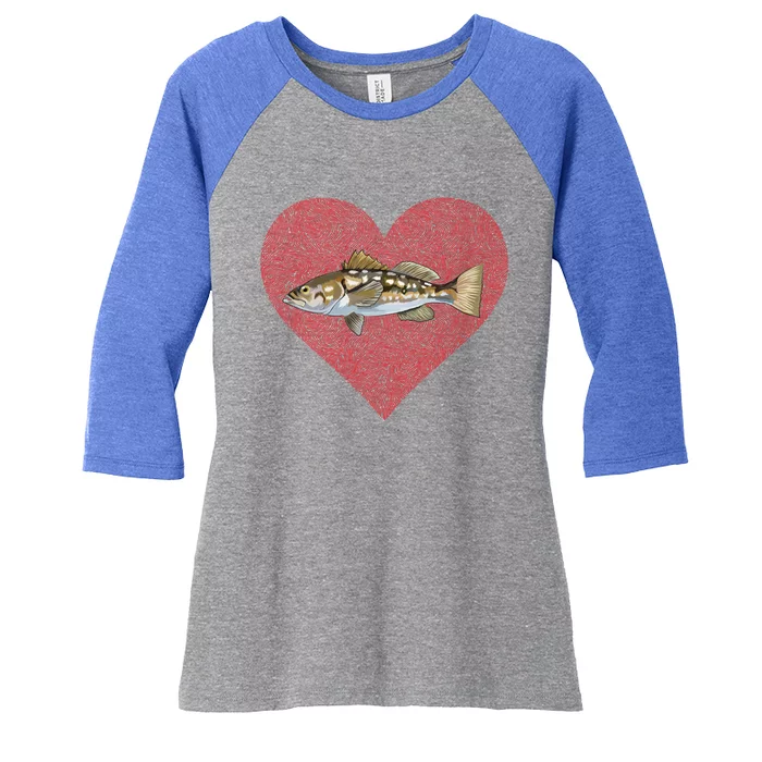 Calico Bass Valentines Day Fish Love Fingerprint Great Gift Women's Tri-Blend 3/4-Sleeve Raglan Shirt