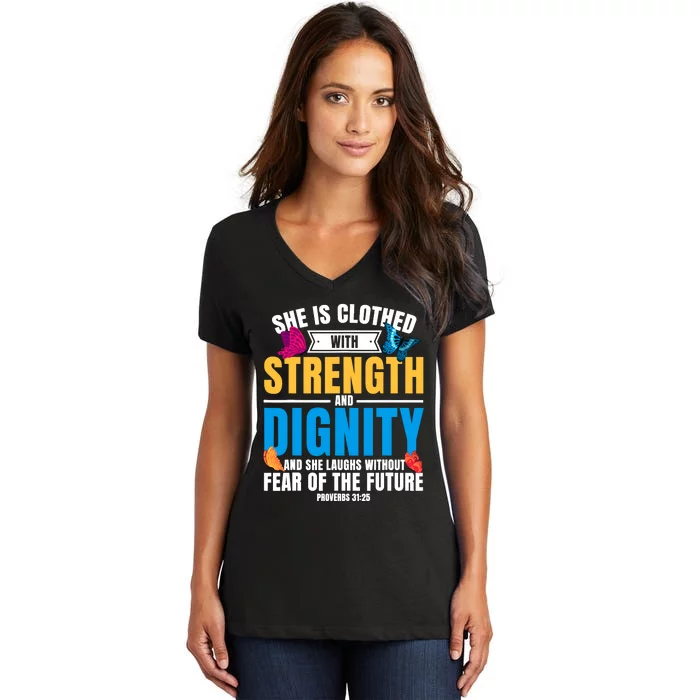 Christian Bible Verse Proverbs 31:25 Butterfly Women's V-Neck T-Shirt