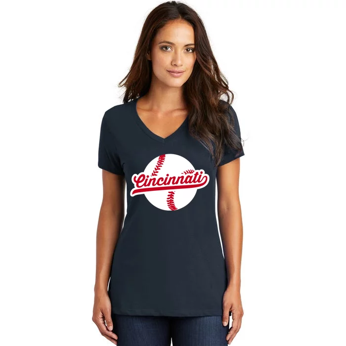 Cincinnati Baseball Vintage Ohio Pride Love City Red Women's V-Neck T-Shirt