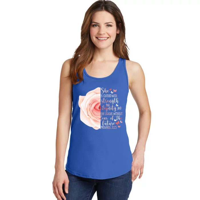 Christian Bible Verse Proverbs 31:25 Rose Flower Gift Ladies Essential Tank