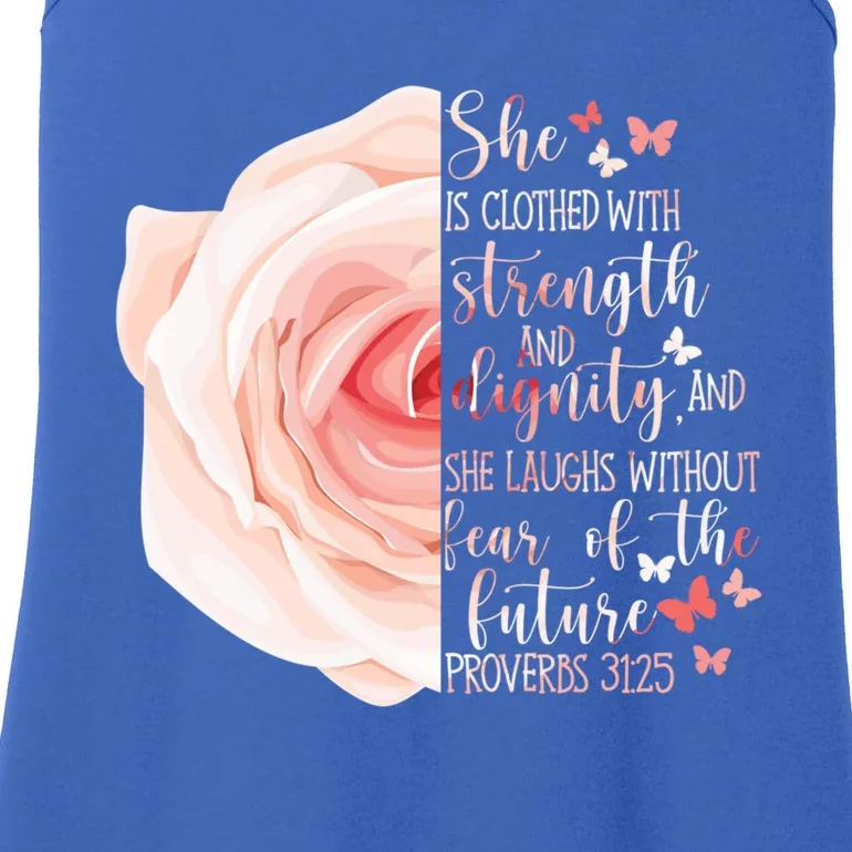 Christian Bible Verse Proverbs 31:25 Rose Flower Gift Ladies Essential Tank