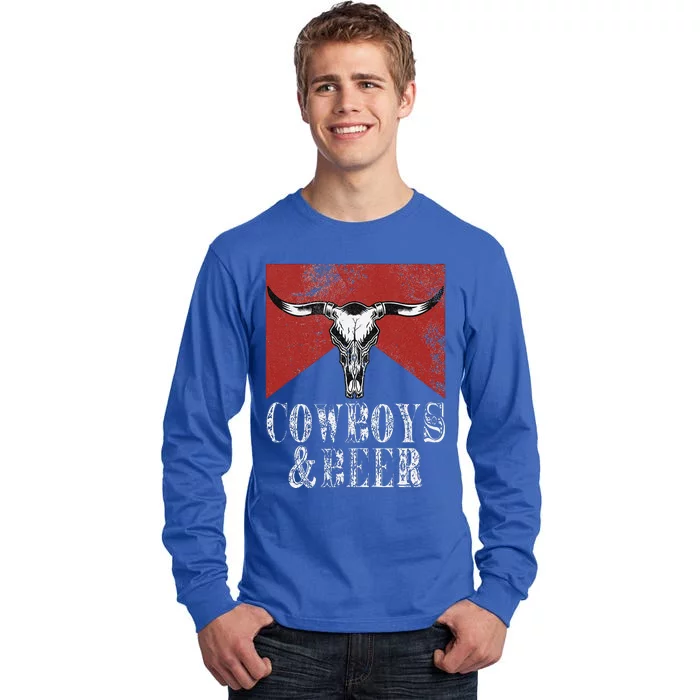 Cow & Beer Vintage Rodeo Bull Horn Western Country Tall Long Sleeve T-Shirt