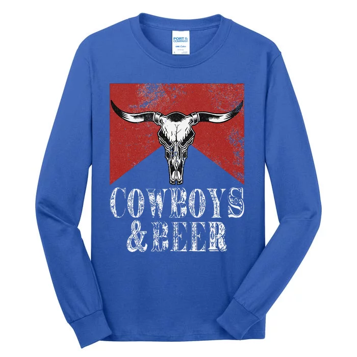 Cow & Beer Vintage Rodeo Bull Horn Western Country Tall Long Sleeve T-Shirt