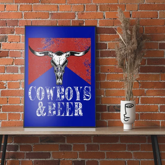 Cow & Beer Vintage Rodeo Bull Horn Western Country Poster