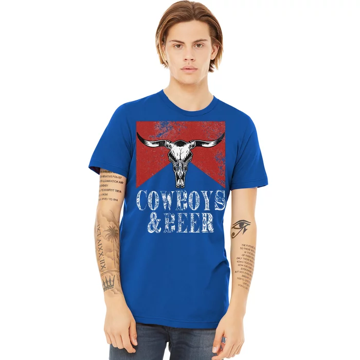 Cow & Beer Vintage Rodeo Bull Horn Western Country Premium T-Shirt