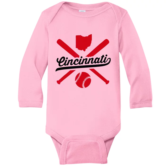 Cincinnati Baseball Vintage Ohio Pride Red Love City Baby Long Sleeve Bodysuit