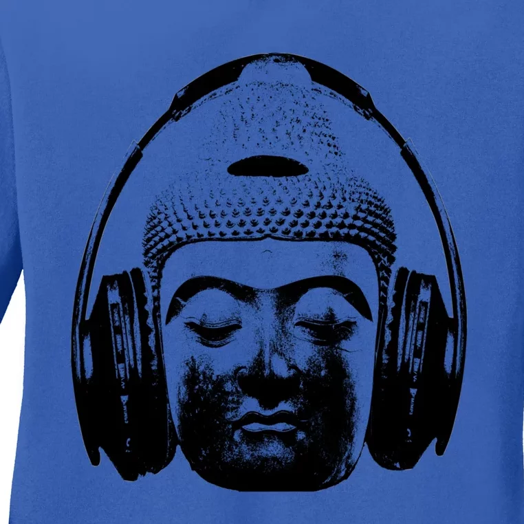 Chilling Buddha With Headphones Music Dj Great Gift Ladies Long Sleeve Shirt