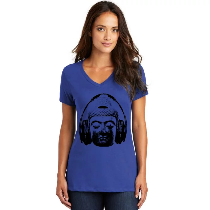 Chilling Buddha With Headphones Music Dj Great Gift Women's V-Neck T-Shirt