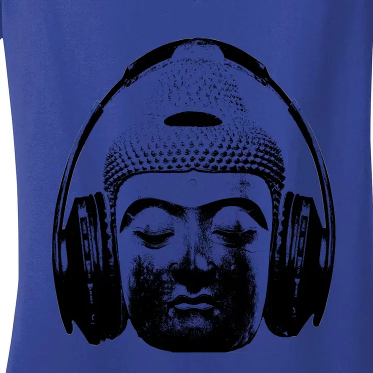 Chilling Buddha With Headphones Music Dj Great Gift Women's V-Neck T-Shirt