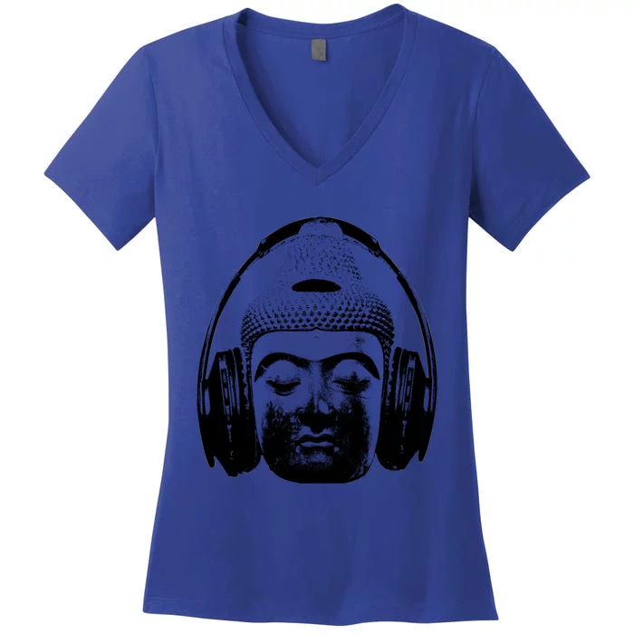 Chilling Buddha With Headphones Music Dj Great Gift Women's V-Neck T-Shirt