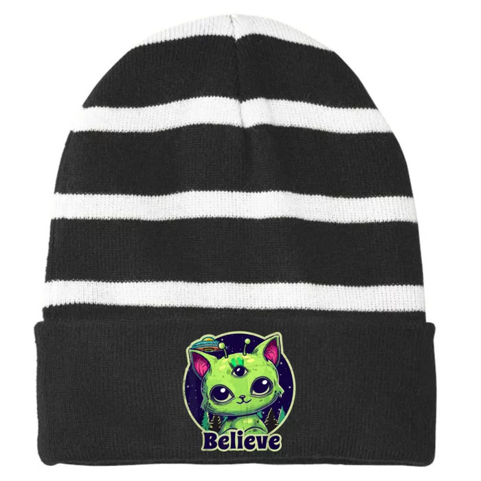 cute alien cat belive in ufo kawaii Striped Beanie with Solid Band