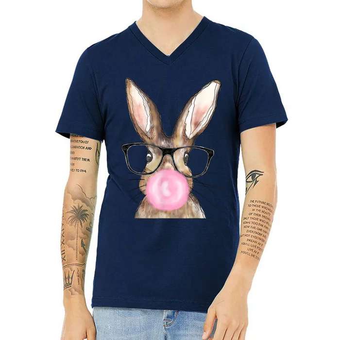 Cute Bunny With Glasses Bubblegum Easter Day V-Neck T-Shirt