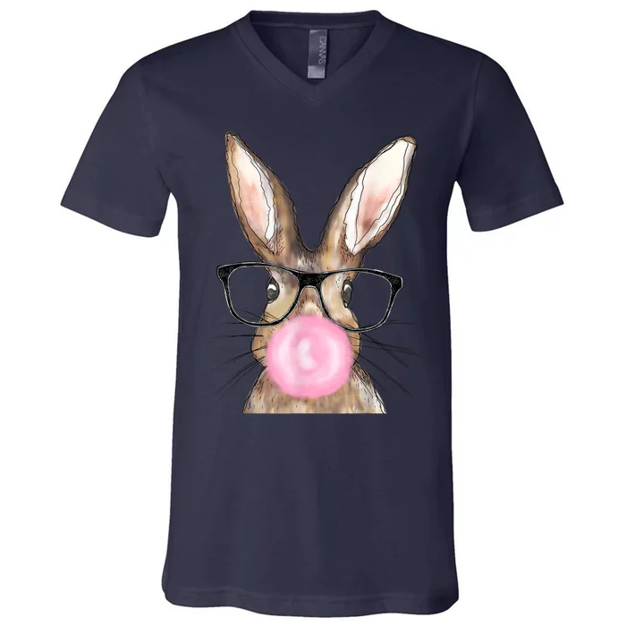 Cute Bunny With Glasses Bubblegum Easter Day V-Neck T-Shirt