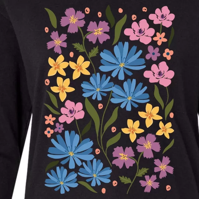 Cute Boho Wildflower Floral Pattern Womens Cotton Relaxed Long Sleeve T-Shirt