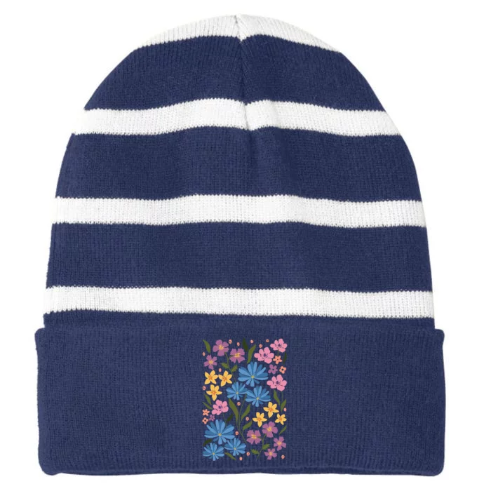 Cute Boho Wildflower Floral Pattern Striped Beanie with Solid Band