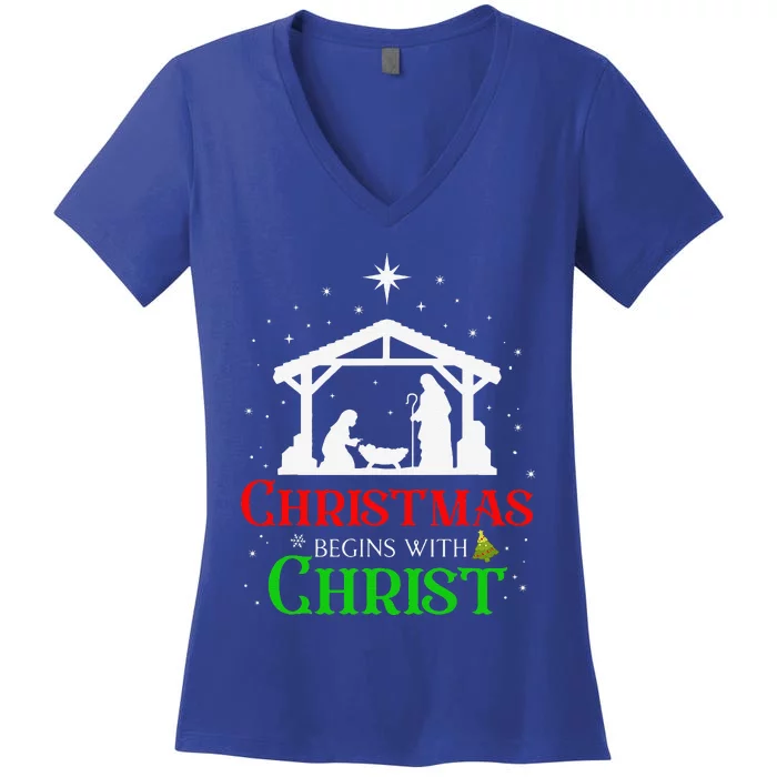 Christmas Begins With Christ Jesus Cross Christian Xmas Women's V-Neck T-Shirt