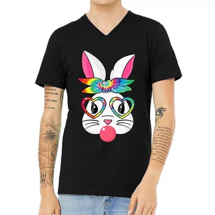 Cute Bunny With Tie Dye Bandana Heart Glasses Easter Day V-Neck T-Shirt