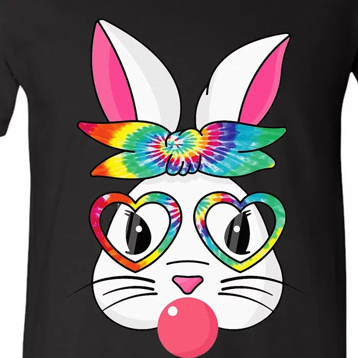 Cute Bunny With Tie Dye Bandana Heart Glasses Easter Day V-Neck T-Shirt