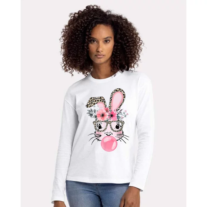 Cute Bunny With Leopard Glasses Bubblegum Easter Day Womens Cotton Relaxed Long Sleeve T-Shirt