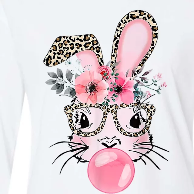 Cute Bunny With Leopard Glasses Bubblegum Easter Day Womens Cotton Relaxed Long Sleeve T-Shirt