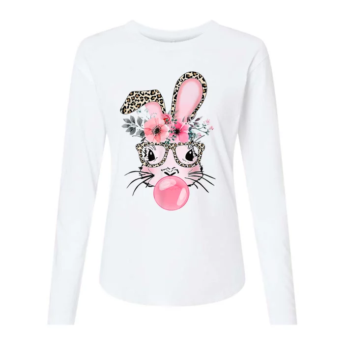 Cute Bunny With Leopard Glasses Bubblegum Easter Day Womens Cotton Relaxed Long Sleeve T-Shirt