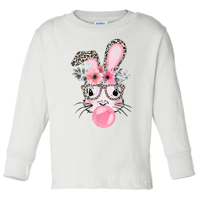 Cute Bunny With Leopard Glasses Bubblegum Easter Day Toddler Long Sleeve Shirt