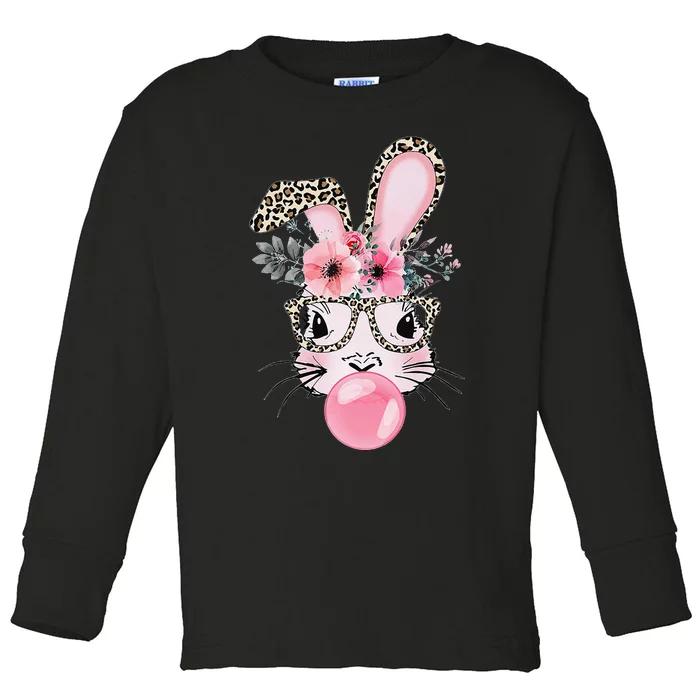 Cute Bunny With Leopard Glasses Bubblegum Easter Day Toddler Long Sleeve Shirt