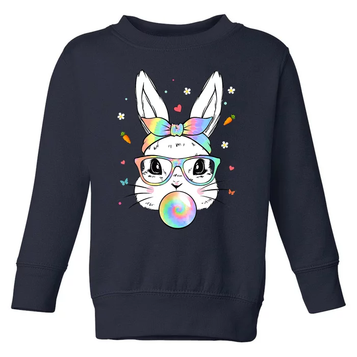 Cute Bunny With Tie Dye Glasses Bubblegum Easter Day Toddler Sweatshirt