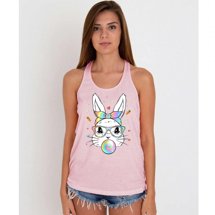 Cute Bunny With Tie Dye Glasses Bubblegum Easter Day Women's Knotted Racerback Tank