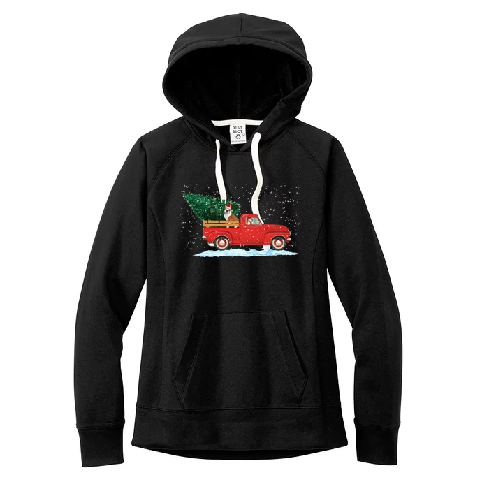 Cute Bulldog With Vintage Red Pickup Truck Christmas Tree Cool Gift Women's Fleece Hoodie