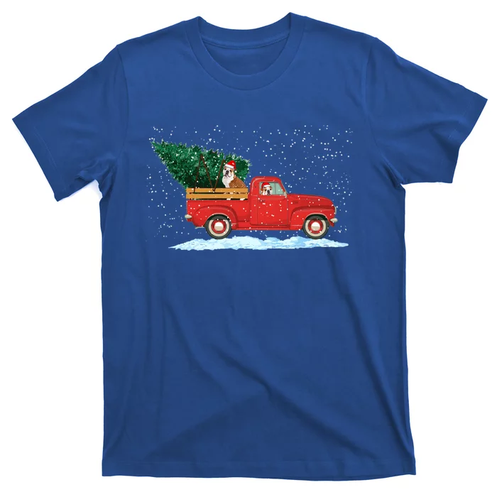 Cute Bulldog With Vintage Red Pickup Truck Christmas Tree Cool Gift T-Shirt