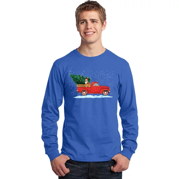 Cute Bulldog With Vintage Red Pickup Truck Christmas Tree Cool Gift Tall Long Sleeve T-Shirt