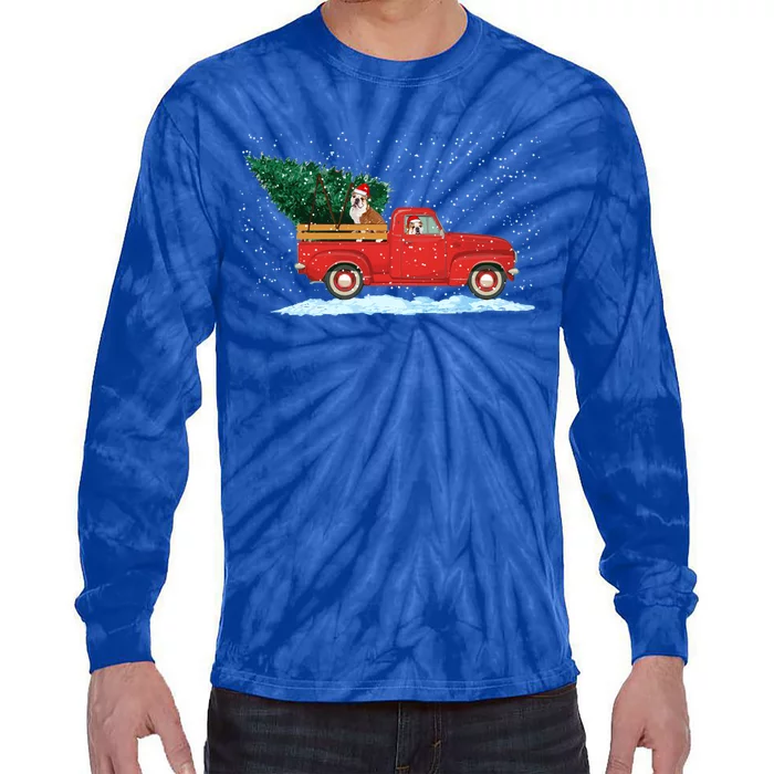 Cute Bulldog With Vintage Red Pickup Truck Christmas Tree Cool Gift Tie-Dye Long Sleeve Shirt