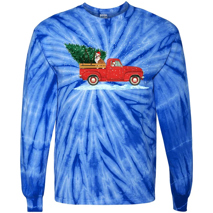 Cute Bulldog With Vintage Red Pickup Truck Christmas Tree Cool Gift Tie-Dye Long Sleeve Shirt