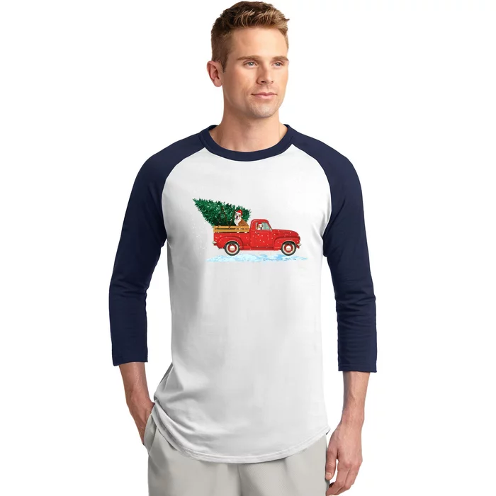 Cute Bulldog With Vintage Red Pickup Truck Christmas Tree Cool Gift Baseball Sleeve Shirt