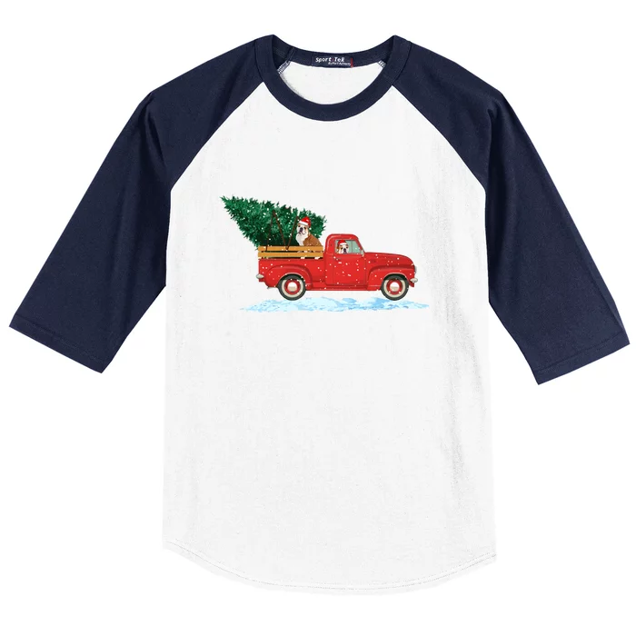 Cute Bulldog With Vintage Red Pickup Truck Christmas Tree Cool Gift Baseball Sleeve Shirt