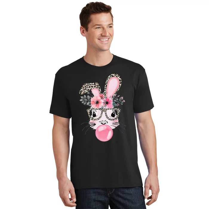 Cute Bunny With Leopard Glasses Bubblegum Easter Day Gifts T-Shirt